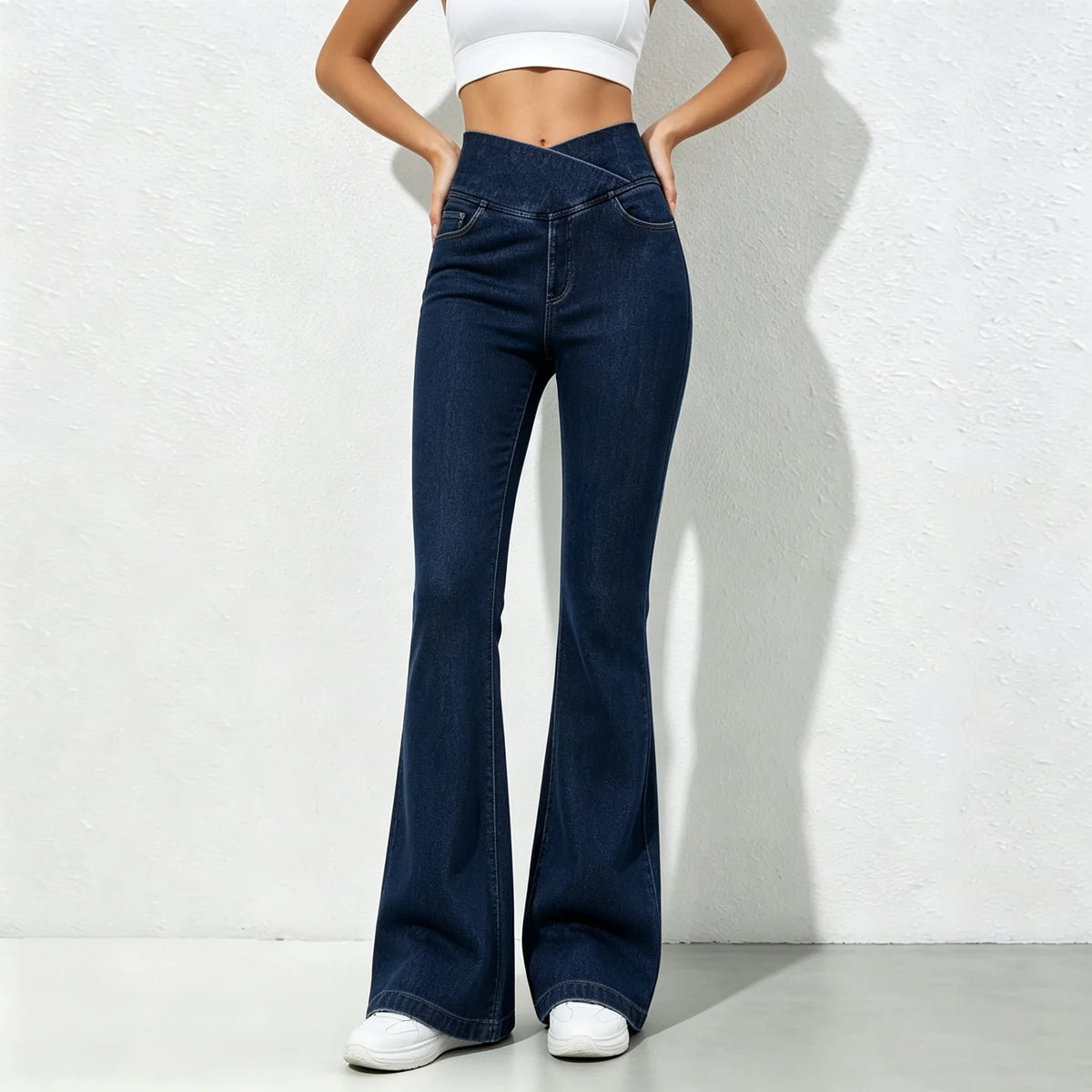 High Waisted Denim Flare Leggings, Crossover Waist Jean Leggings, Stretch Bell Bottom Pants
