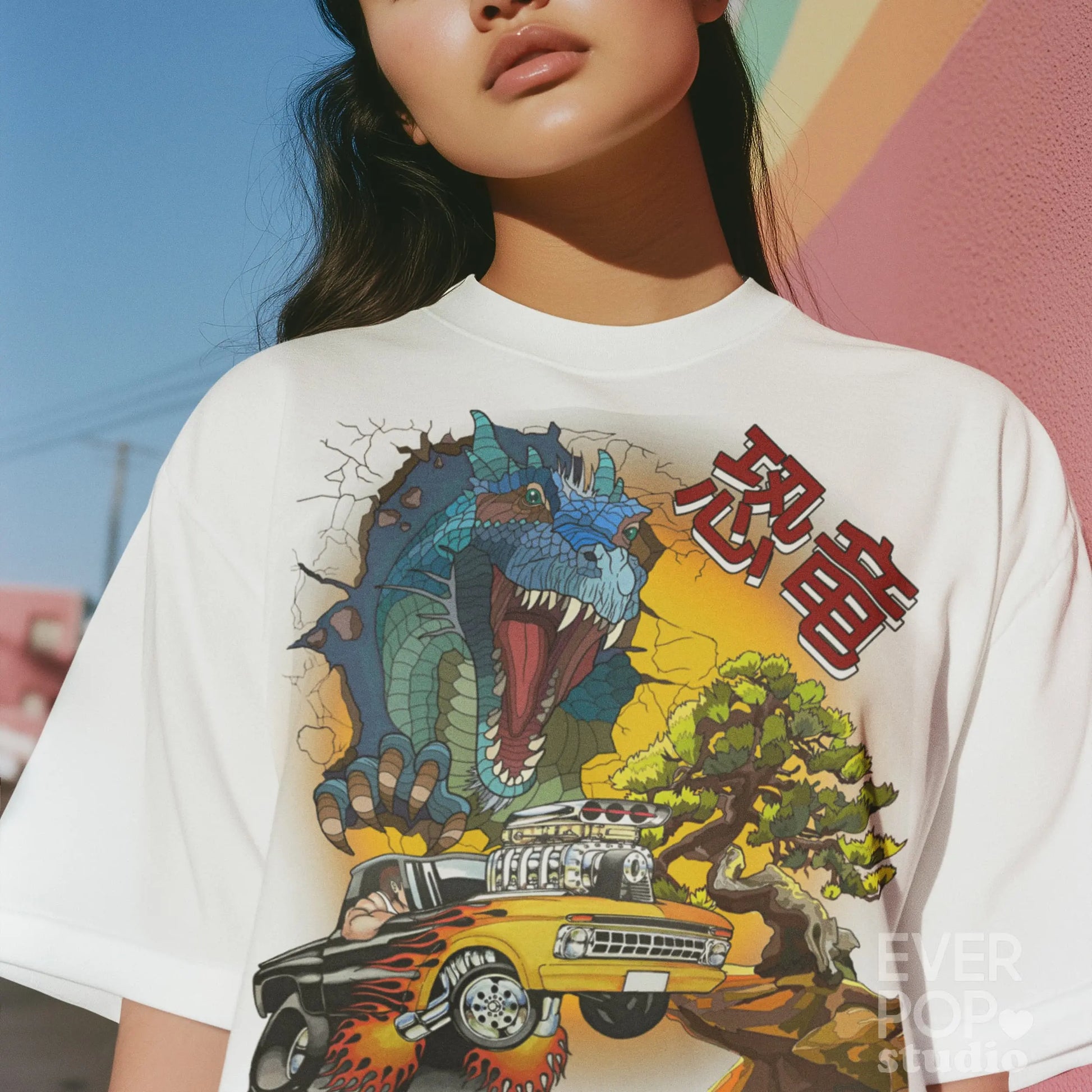 Dino car Race Graphic Tee Shirt, Hoodie Sweatshirt