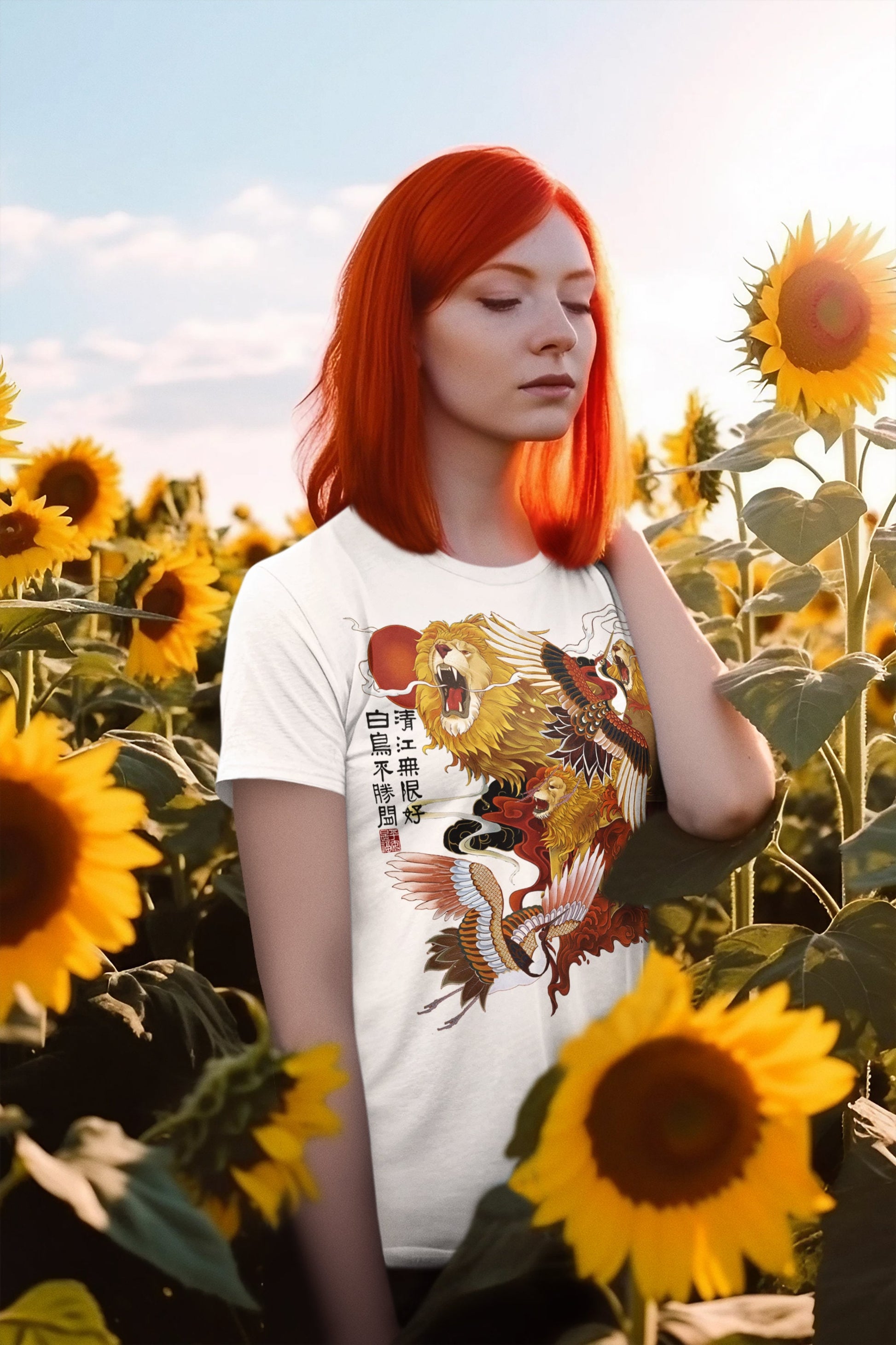 Lion Crane Shirt, Leo Japanese Tshirt, Japan Graphic Tee, Animal Bird T-Shirt, Urban Streetwear, Asian Street Wear, Wildlife Safari Print