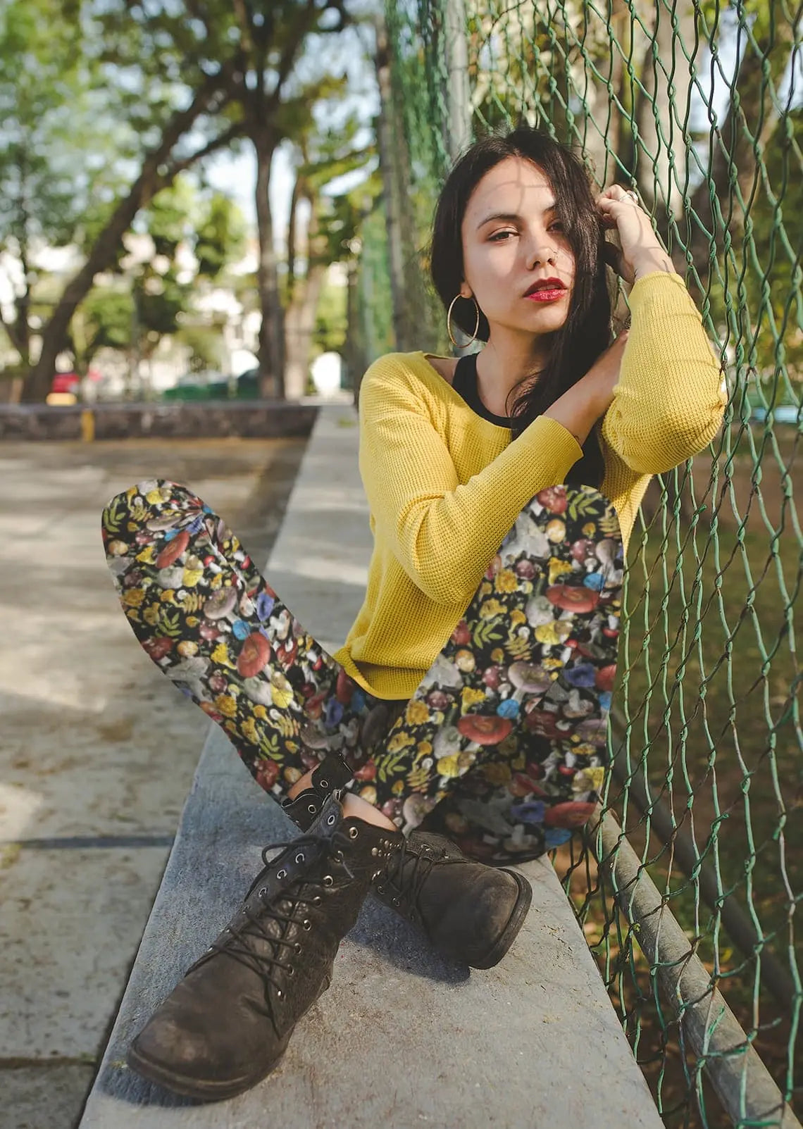 Mushroom Leggings: Cottagecore Botanical Print, Elastic Waist