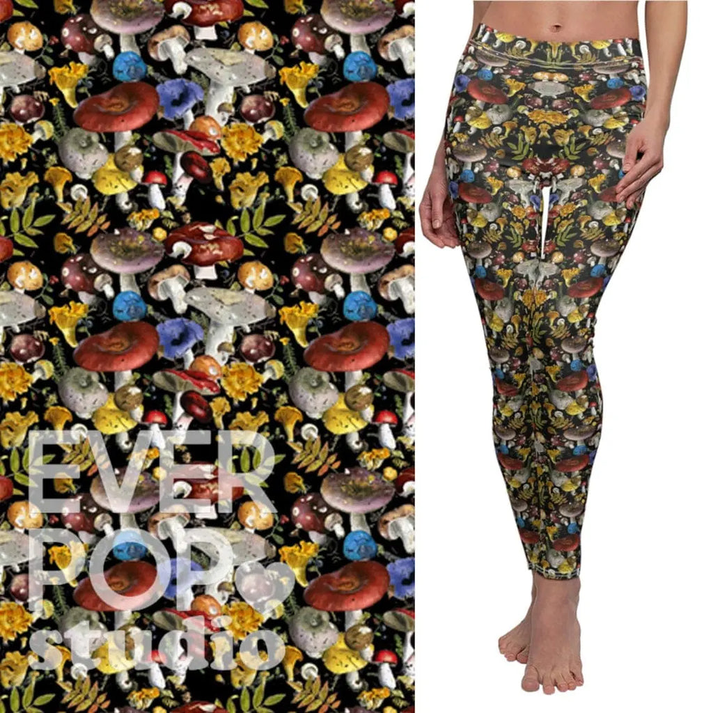 Mushroom Leggings: Cottagecore Botanical Print, Elastic Waist