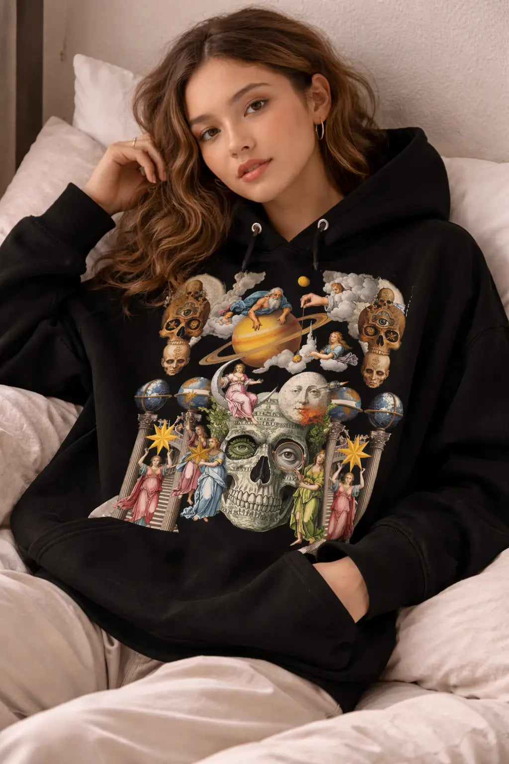 Celestial Dominion, Cosmic Skull & Angel Graphic Tee Shirt, Hoodie Sweatshirt
