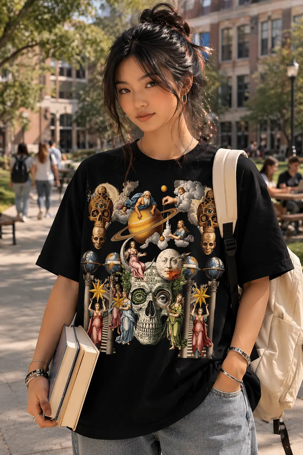 Celestial Dominion, Cosmic Skull & Angel Graphic Tee Shirt, Hoodie Sweatshirt