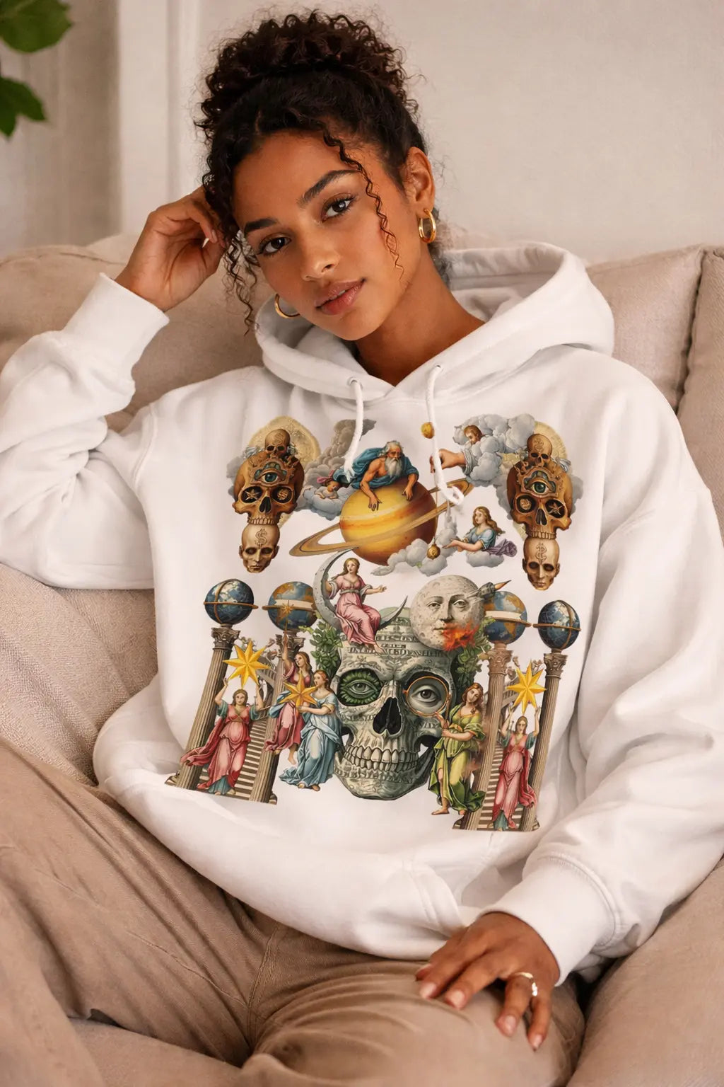 Celestial Dominion, Cosmic Skull & Angel Graphic Tee Shirt, Hoodie Sweatshirt