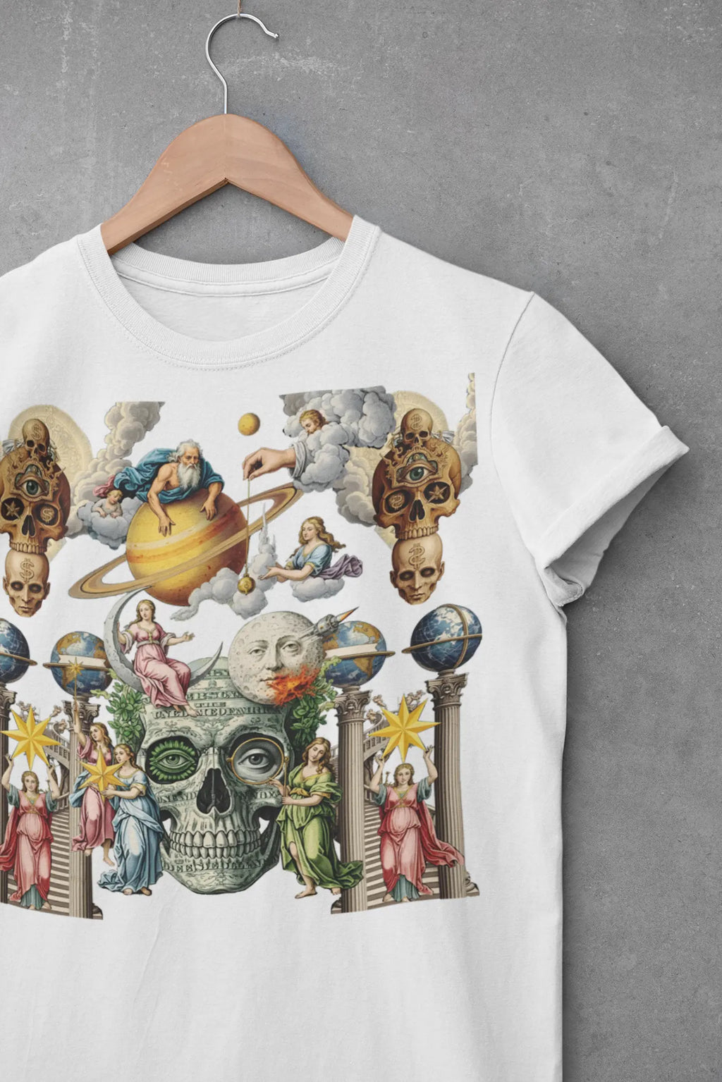 Celestial Dominion, Cosmic Skull & Angel Graphic Tee Shirt, Hoodie Sweatshirt