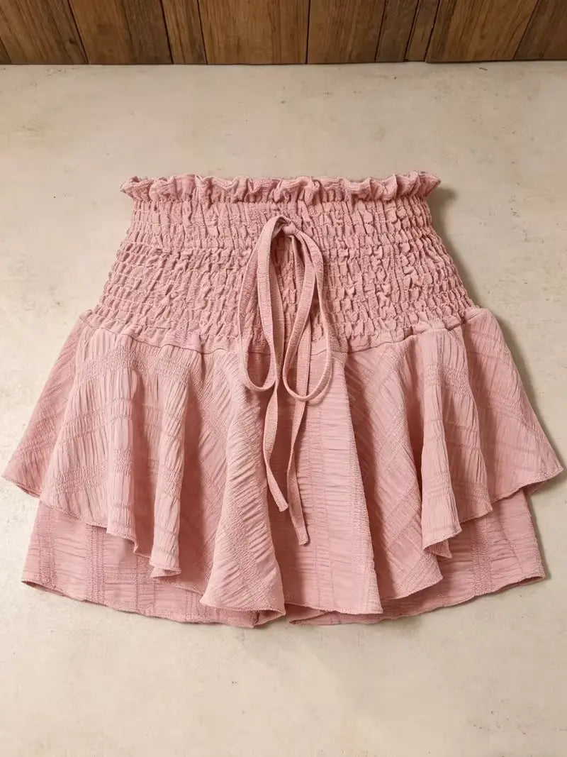 Women's Boho Ruffle Shorts – High Waist Smocked Drawstring Flowy Summer Shorts