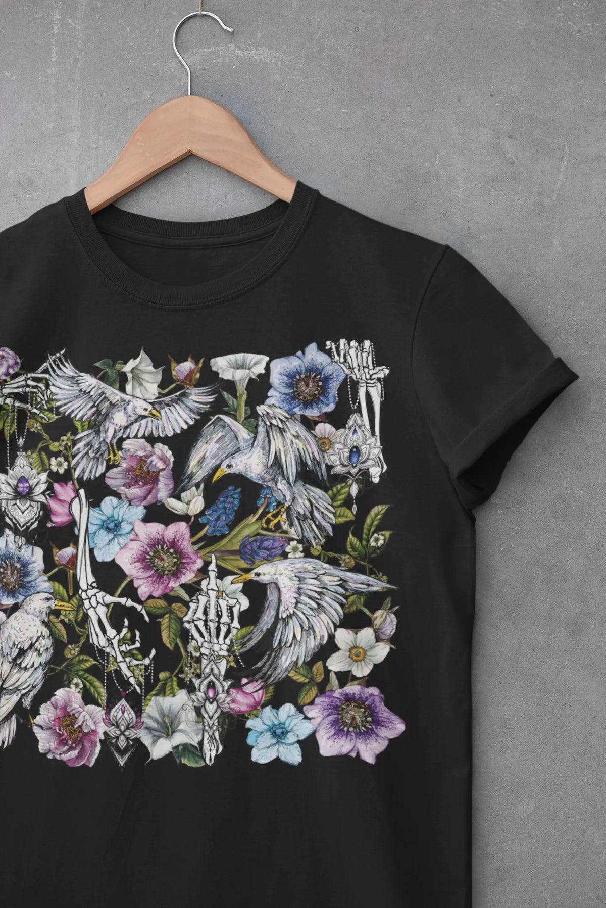 Gothic Birds Skeleton Graphic Tee Shirt, Hoodie Sweatshirt